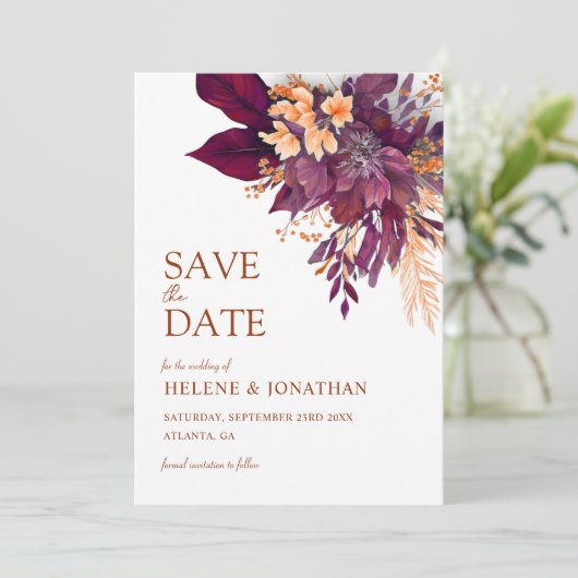 Bourgogne Sinaasappel Terracotta Floral Elegant Hu Save The Date (Staand voorkant)
