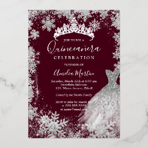 Bourgogne Sneeuwvlok Winter Quinceanera Folie Uitnodiging