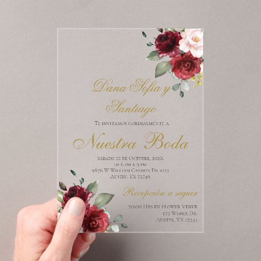 Bourgogne Spaanse bruiloft acryl uitnodiging (Insitu (Draagbaar))