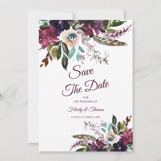 Bourgogne Splendor Bloemen Wit Save The Date Kaart (Voorkant)