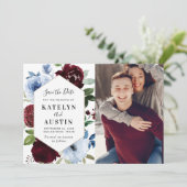 Bourgogne Stoffig Blauw Bloemen Bewaar de datumkaa Save The Date (Staand voorkant)