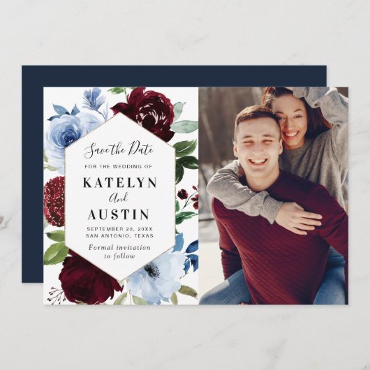 Bourgogne Stoffig Blauw Bloemen Bewaar de datumkaa Save The Date (Voorkant / Achterkant)