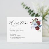 Bourgogne Stoffig Blauw Bloemen Bruiloft Receptie RSVP Kaartje (Staand voorkant)