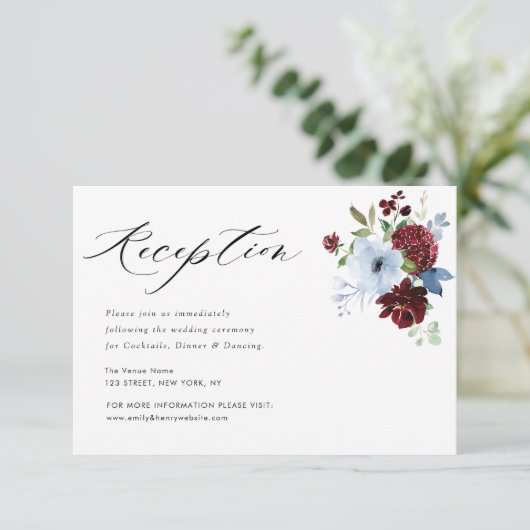 Bourgogne Stoffig Blauw Bloemen Bruiloft Receptie  RSVP Kaartje (Staand voorkant)