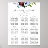 Bourgogne Stoffig Blauw Bloemen Bruiloft Zitkaarte Poster (Voorkant)