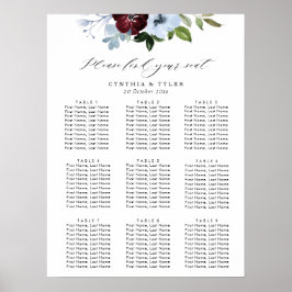 Bourgogne Stoffig Blauw Bloemen Bruiloft Zitkaarte Poster