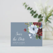 Bourgogne Stoffig Blauw Bloemen Red de datum Briefkaart (Staand voorkant)