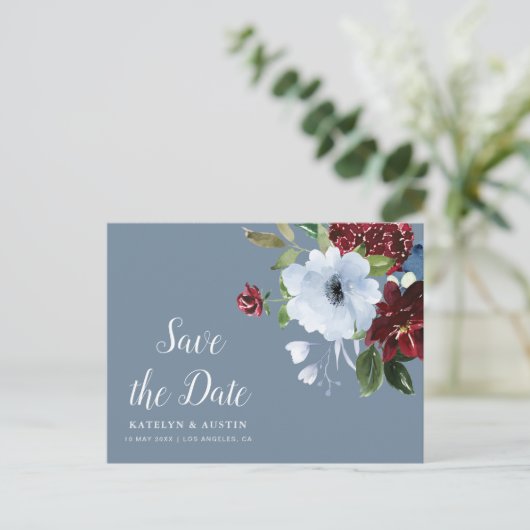 Bourgogne Stoffig Blauw Bloemen Red de datum Briefkaart (Staand voorkant)