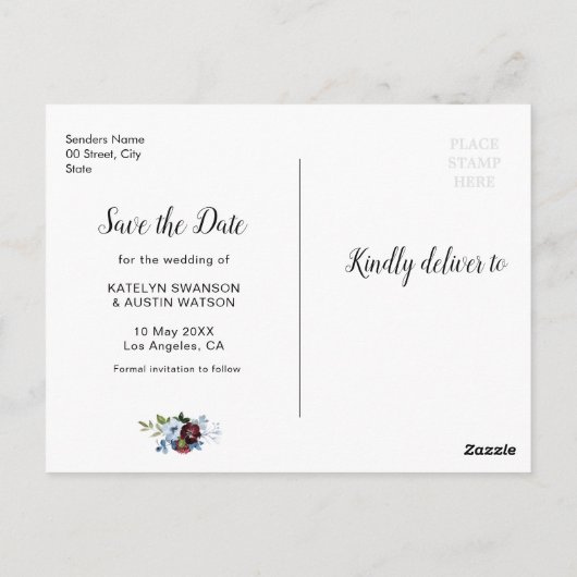 Bourgogne Stoffig Blauw Bloemen Red de datum Briefkaart (Achterkant)