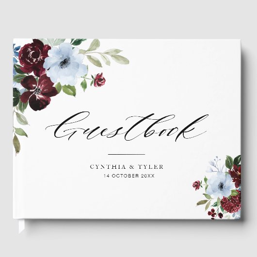Bourgogne Stoffig Blauw Bruiloft Gastenboek (Voorkant)