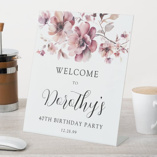Bourgogne Stoffig Roze Bloemen 40e Verjaardag Welk Reclamebord Met Voetstuk (Insitu)