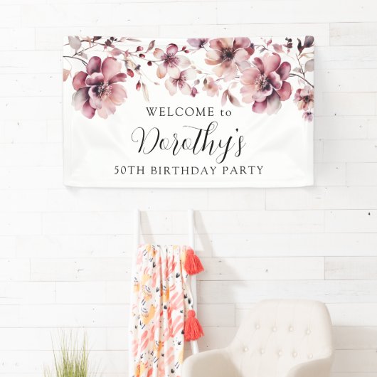 Bourgogne Stoffig Roze Bloemen 50ste Verjaardag We Spandoek (Insitu)