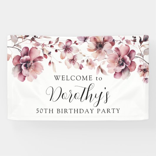 Bourgogne Stoffig Roze Bloemen 50ste Verjaardag We Spandoek (Horizontaal)