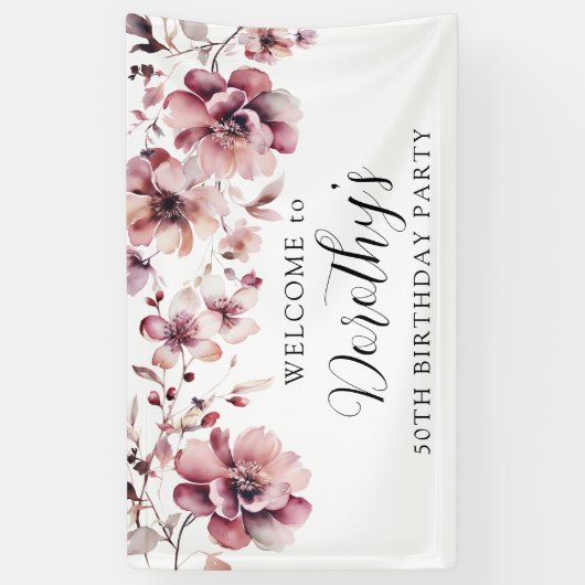 Bourgogne Stoffig Roze Bloemen 50ste Verjaardag We Spandoek (Verticaal)