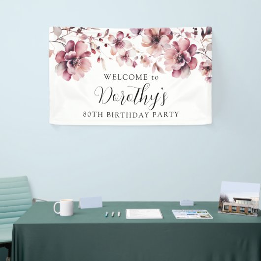 Bourgogne Stoffig Roze Bloemen 80e Verjaardag Welk Spandoek (Beurs)