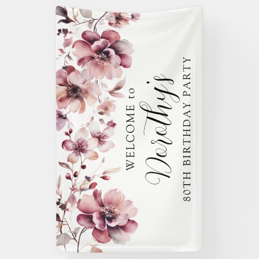 Bourgogne Stoffig Roze Bloemen 80e Verjaardag Welk Spandoek (Verticaal)