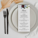 Bourgogne stoffige blauwe bruiloft menu<br><div class="desc">Een prachtig bloemenbruiloft thema ontwerp met mooie bordeaux stoffige blauwe waterverf bloemen. De kleur en de tekst kunnen worden gepersonaliseerd.</div>