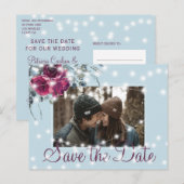 Bourgogne stoffige blauwe lichten foto save date b aankondigingskaart (Voorkant / Achterkant)