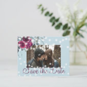 Bourgogne stoffige blauwe lichten foto save date b aankondigingskaart (Staand voorkant)