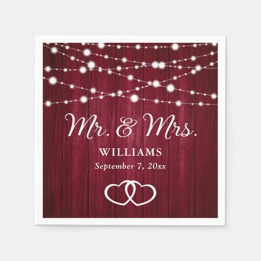 Bourgogne String Lights Harten Rustieke Houten Bru Servet (Voorkant)