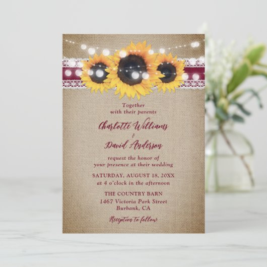 Bourgogne Sunflower Burlap Wedding Kaart (Staand voorkant)