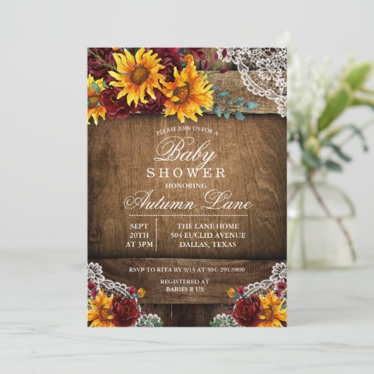 Bourgogne Sunflower Lace Baby shower Uitnodiging (Staand voorkant)