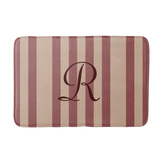 Bourgogne/Tan Gestreepte Monogrammed Pluche Badmat (Voorkant)