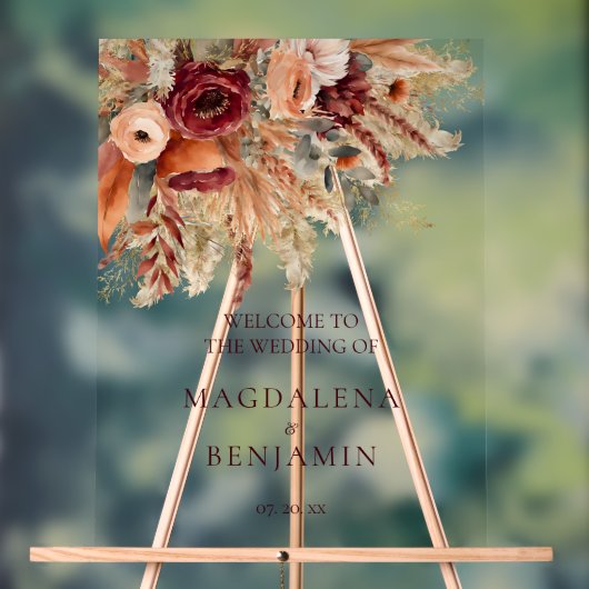 Bourgogne Terracotta Florals Pampas Grass Bruiloft Acryl Bord (Neutraal)