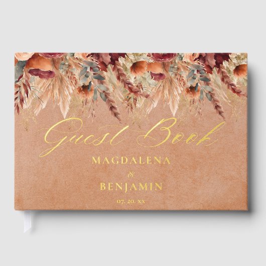 Bourgogne Terracotta Florals Pampas Grass Bruiloft Gastenboek (Voorkant)