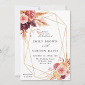 Bourgogne Terracotta Flowers Gold Geometric Weddin Kaart (Voorkant)