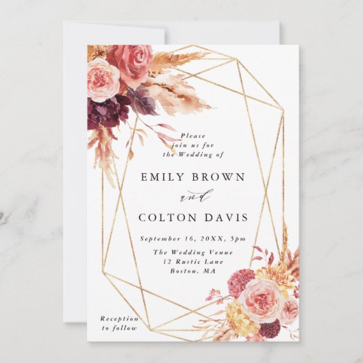 Bourgogne Terracotta Flowers Gold Geometric Weddin Kaart (Voorkant)