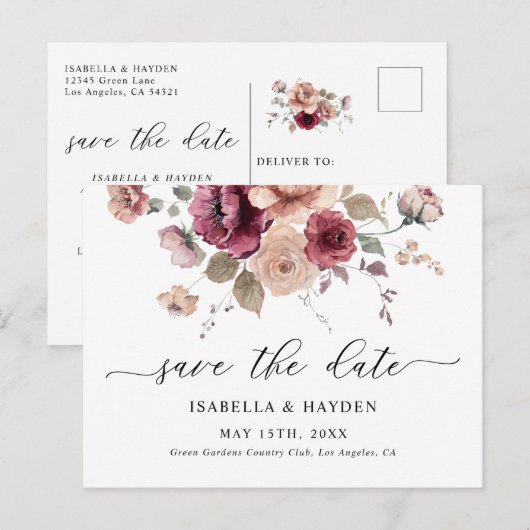 Bourgogne Terracotta Herfst Floral Save The Date Aankondigingskaart (Voorkant / Achterkant)