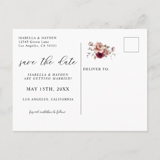 Bourgogne Terracotta Herfst Floral Save The Date Aankondigingskaart (Achterkant)