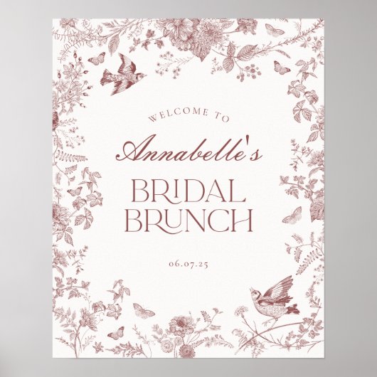 Bourgogne Toile Bloemen Bruids Brunch Welkom Teken Poster (Voorkant)