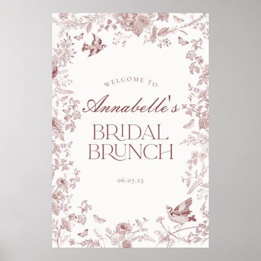 Bourgogne Toile Bloemen Bruids Brunch Welkom Teken Poster (Voorkant)