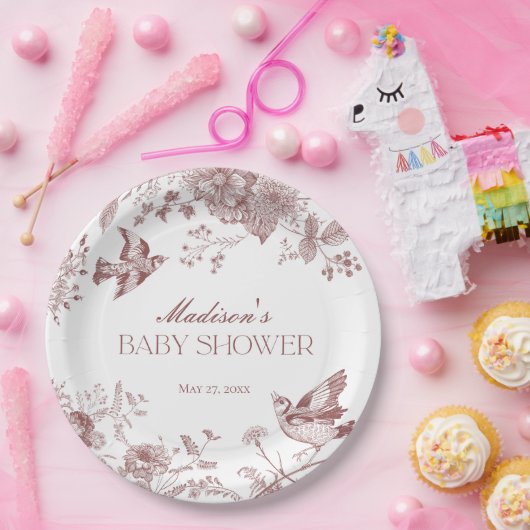 Bourgogne Toile De Jouy  Floral Baby shower Papieren Bordje (Feest)