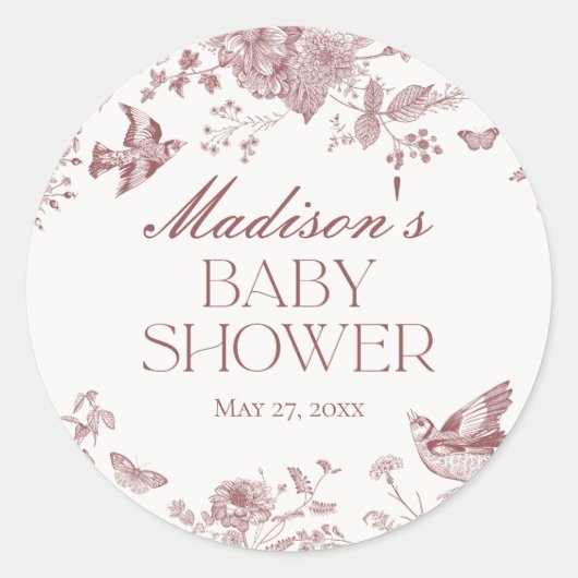 Bourgogne Toile De Jouy  Floral Baby shower Ronde Sticker (Voorkant)