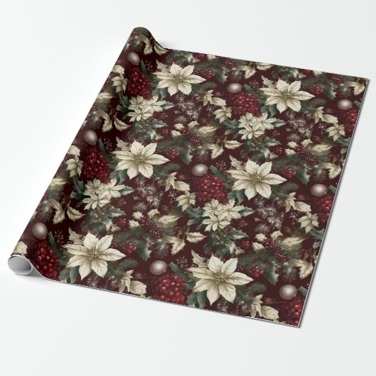 Bourgogne Traditionele Kerstbloem Cadeaupapier (Uitgerold)