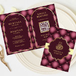 Bourgogne Tufted Patroon QR Code Moslim Bruiloft<br><div class="desc">Verras uw gasten met deze elegante islamitische thema gevouwen bruiloft uitnodiging met een mooi patroon en 'Bismillah' in Arabische kalligrafie met QR Code voor online RSVP. Voeg eenvoudig uw evenementgegevens toe aan deze gebruiksvriendelijke sjabloon om er een unieke uitnodiging van te maken.</div>