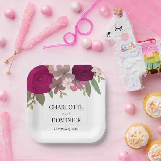 Bourgogne Tuin Bloemen Bruiloft Papieren Bordje (Feest)