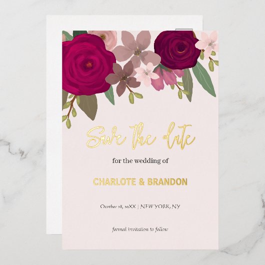Bourgogne Tuin Bloemen Bruiloft Save the Date Folie Uitnodiging (Voorkant / Achterkant)