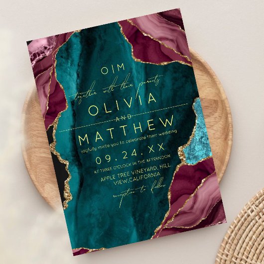 Bourgogne, Turquoise & Gold Agat trouwfoto Kaart