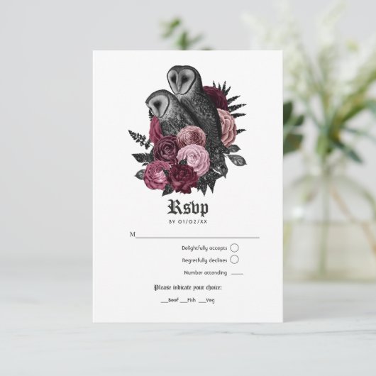  Bourgogne Uilen Gotische Bruiloft RSVP Kaartje (Staand voorkant)