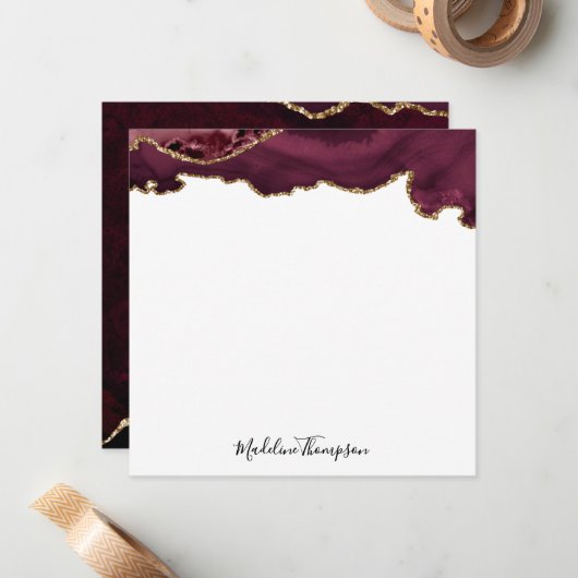 Bourgogne Velvet Agate Geode Script Square Notitiekaartje (Voorkant / Achterkant in situ)