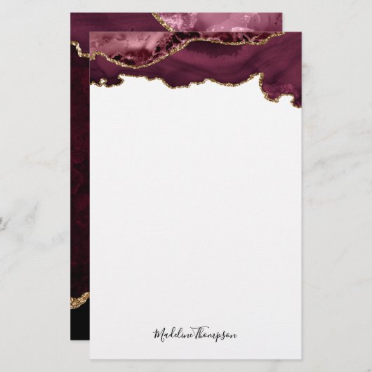 Bourgogne Velvet Agate Geode Script Typografie Briefpapier (Voorkant / Achterkant)