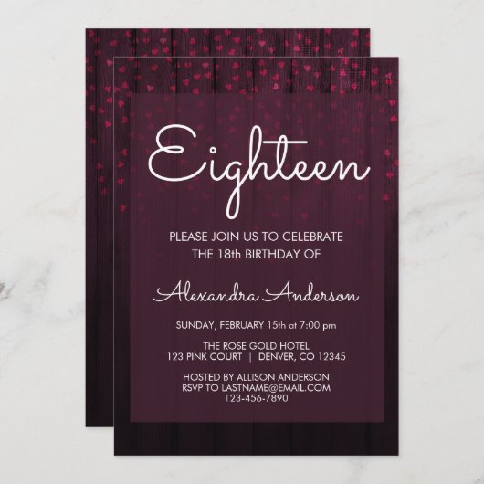 Bourgogne Velvet Hearts 18e verjaardagsfeest Kaart (Voorkant / Achterkant)