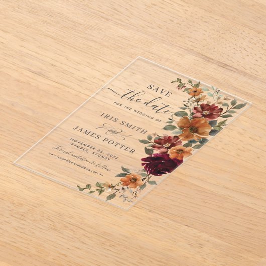 Bourgogne Verbrand Sinaasappel Bloemen Huwelijk Sa Acryl Uitnodigingen (Laagn)