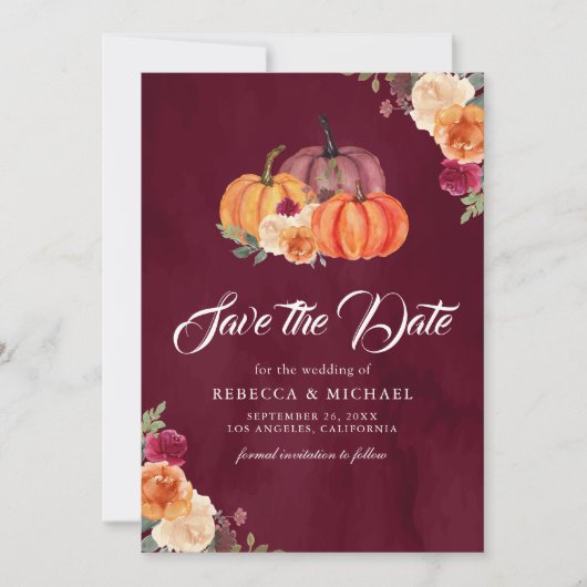 Bourgogne Verbrand Sinaasappel Bloemen Pompoen bru Save The Date (Voorkant)