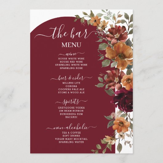 Bourgogne Verbrand Sinaasappel Bloemen Trouwmenu Programmakaart (Achterkant)