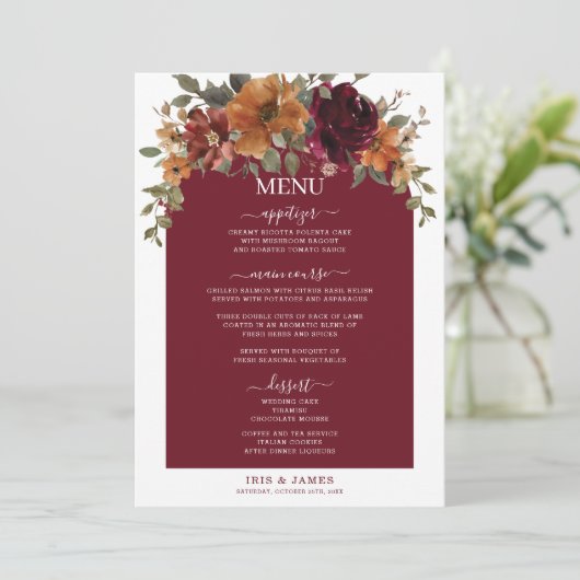 Bourgogne Verbrand Sinaasappel Bloemen Trouwmenu Programmakaart (Staand voorkant)